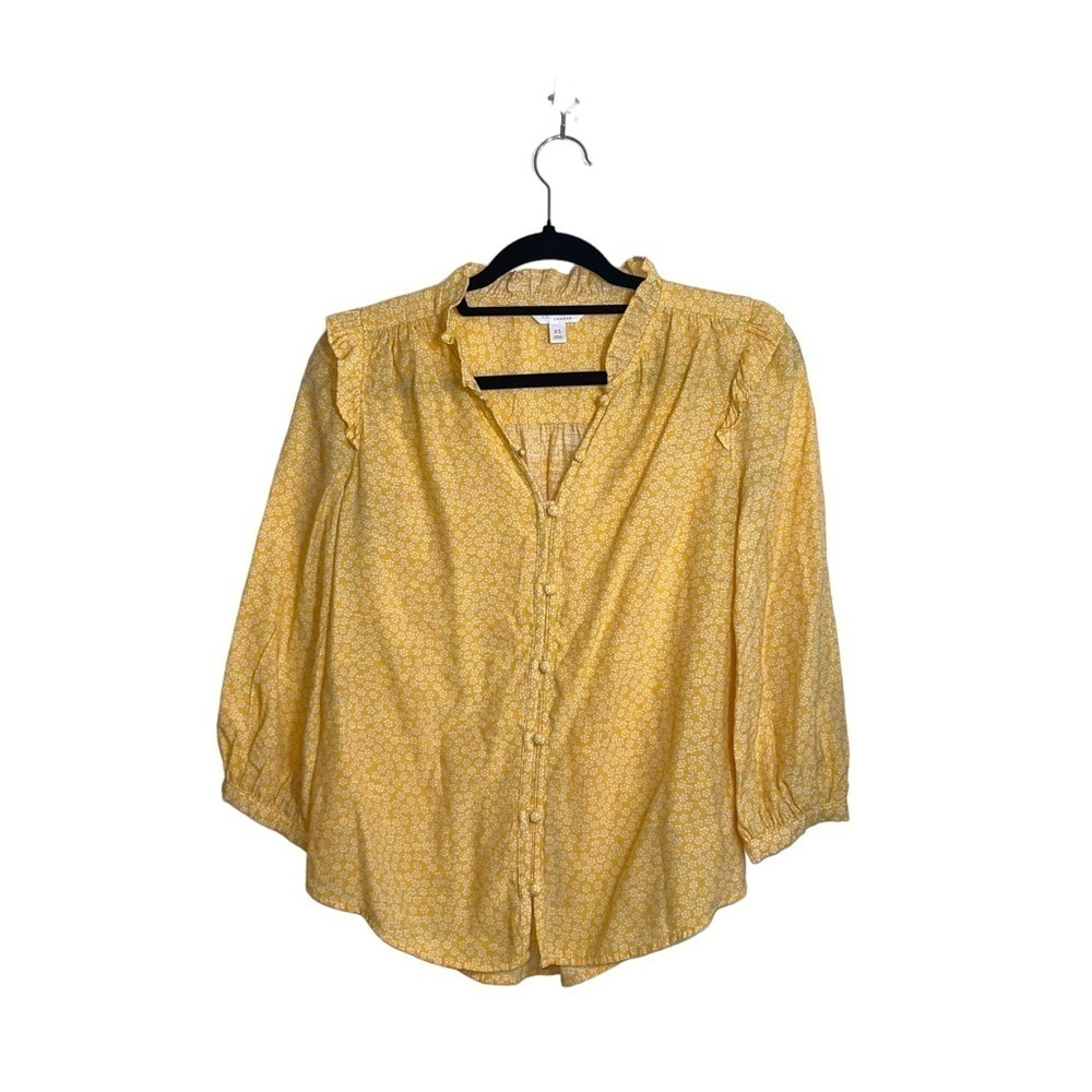 LC Lauren Conrad Yellow & White Floral Print Ruffle Button Top Xsmall Women’s